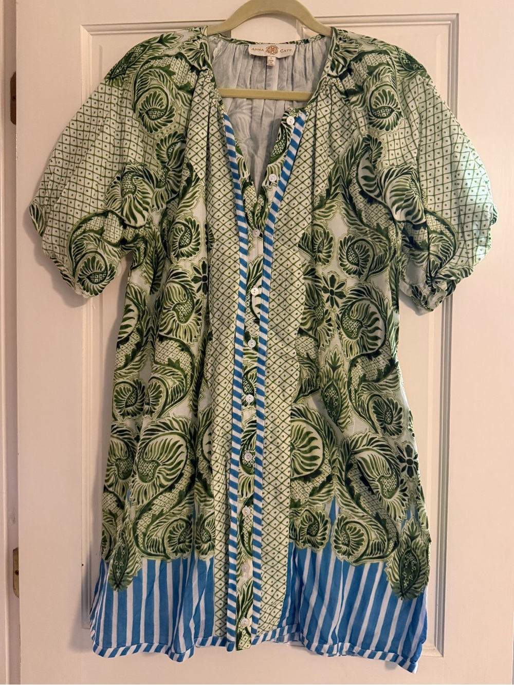 Anna Cate Green Printed Cotton Dress with Blue Stripe Trim